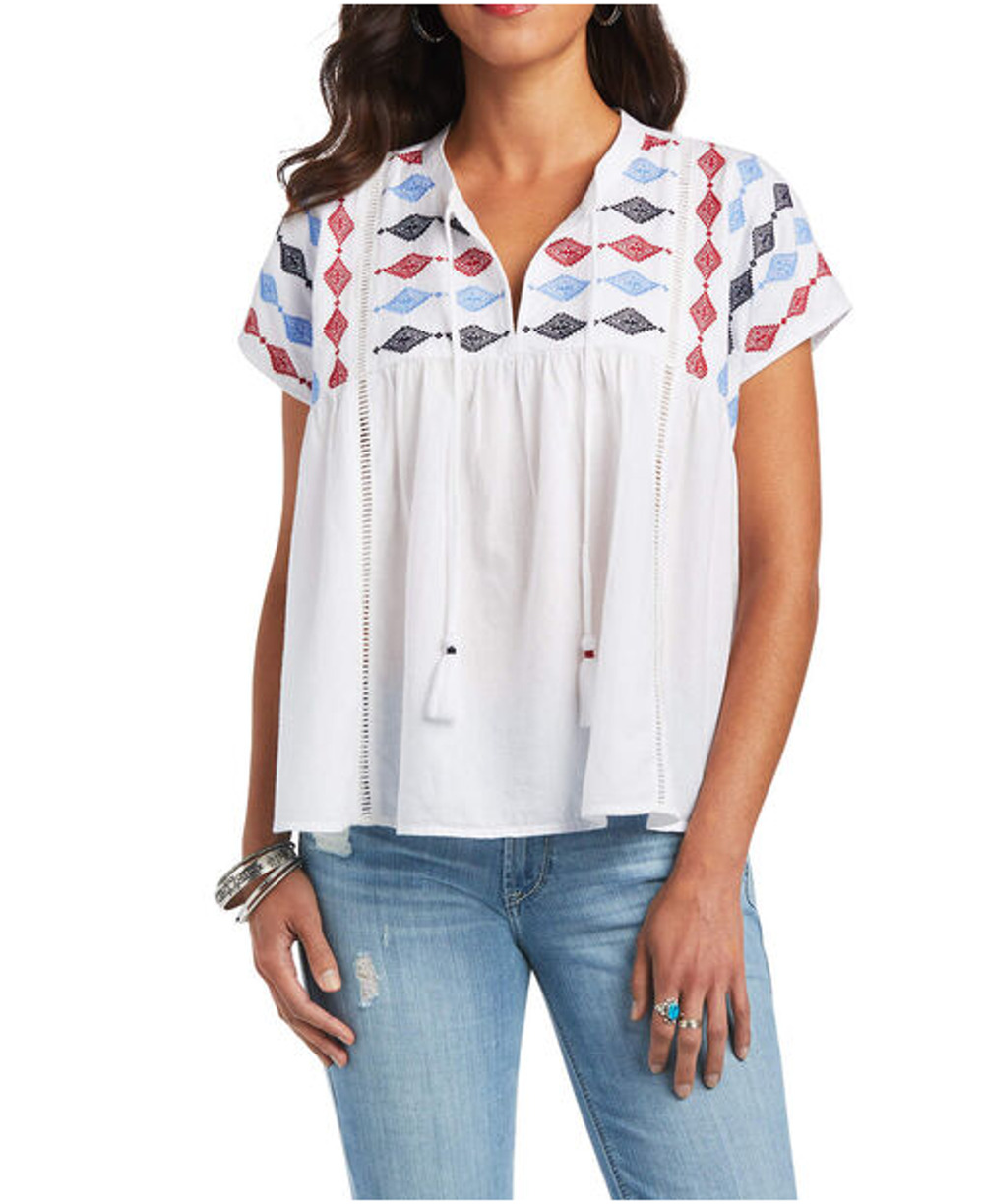 Ariat Billie Tunic Top Women L White Embroidered Tassel Cottagecore Boho Peasant
